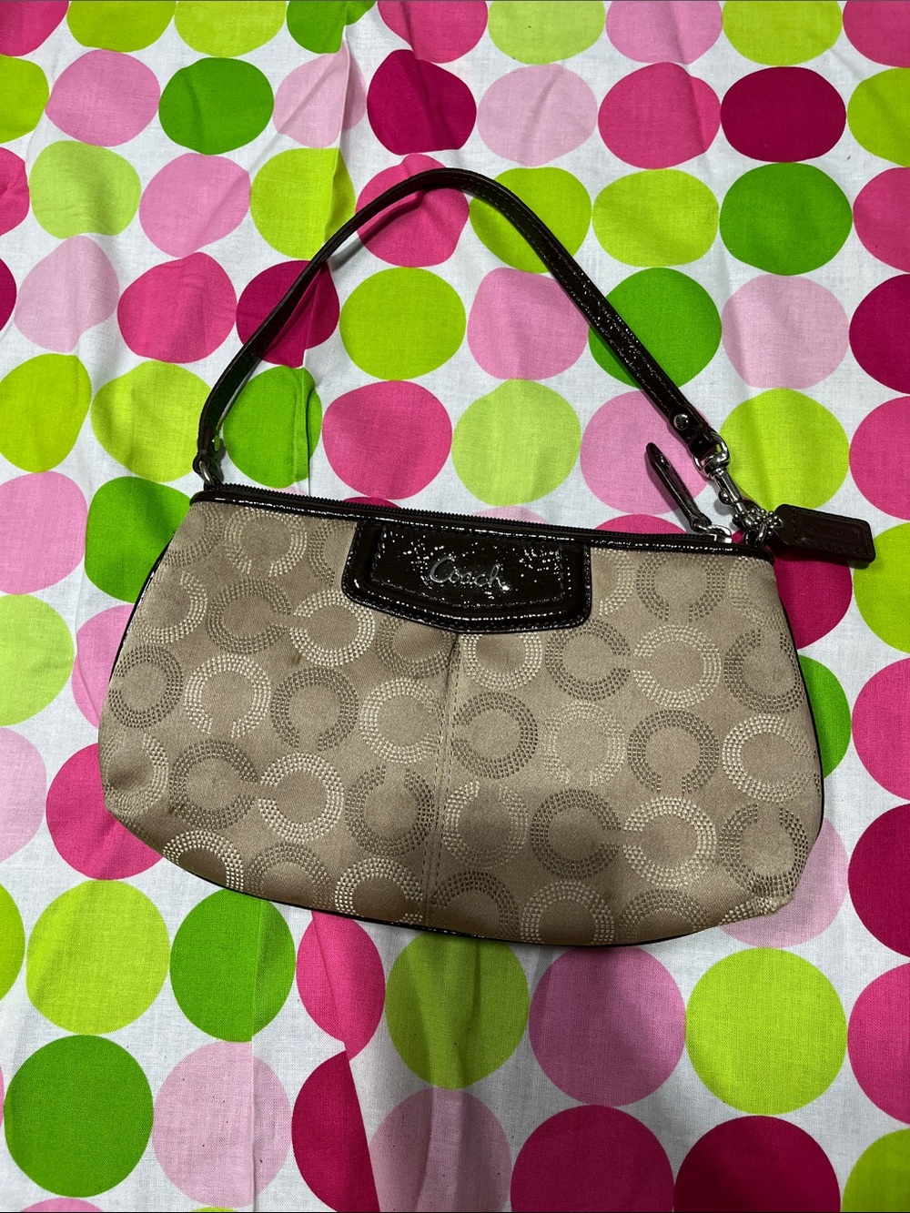 Coach Beige Signature Jacquard Wristlet/small with Dark Brown Trim